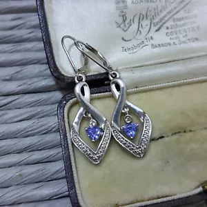 925 Sterling Silver Earrings, Genuine Tanzanite Gemstones Dangle, Retro Style  - Picture 1 of 5
