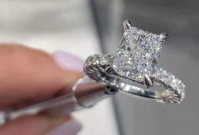 2.70Ct Radiant Cut E-F VVS1 Moissanite 18k White Gold Plated 925 Engagement Ring - Image 1 of 4