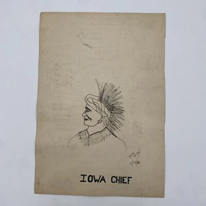IOWA CHIEF Native American Indian Ink Drawing ART Meskwaki Portrait Signed 1936 - Picture 1 of 23