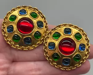 Vintage Carlisle signierte matt goldfarbene bunte Cabochon Clip-On Ohrringe - Bild 1 von 23