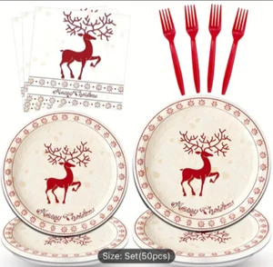 50pcs Christmas Party Set - Vintage Reindeer Themed Paper Plates, Napkins & Fork - Picture 1 of 3