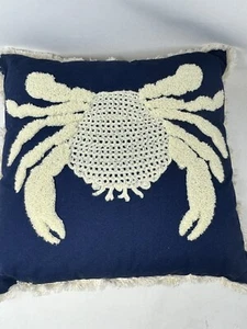 Sea Life 18" Ivory Navy Throw Pillow Beach Nautical Crab Crocheted Pearls - Picture 1 of 7