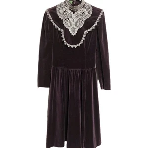 Vintage Gunne Sax Velvet Prairie Dress Deep Burgundy Lace Trim Size 5 - Picture 1 of 8