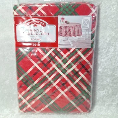 Holiday Time Vinyl Tablecloth Cover 70 In Round Red/Green Plaid Indoor/Outdoor - Image 1 of 3