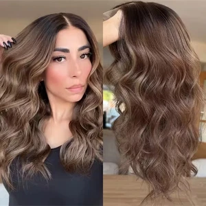 Ombre Chestnut Brown with Blonde Highlights 100% Human Hair Lace Front Wigs 18" - Picture 1 of 6