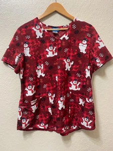 Frosty The Snowman Short Sleeve Scrub Top Sz Large Christmas Santa Red White - Picture 1 of 5