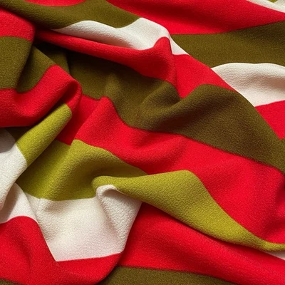 Vintage Wide Striped Red Green Polyester Crepe Apparel Fabric 4 Yards 60s 70s - Image 1 of 4