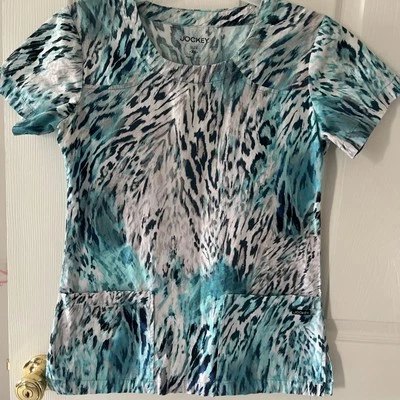 Jockey Scrub Top Size XS  Aqua/black/ Pink/white Jungle Abstract Print - Image 1 of 4