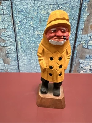 Vintage Hand Carved Wooden Sea Captain Figurine Nautical Sailor Raincoat Cigar - Image 1 of 4