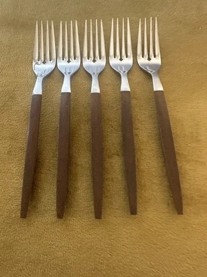Vintage Ekco Eterna Canoe Muffin (5) Salad Forks Brown Handle Never Used