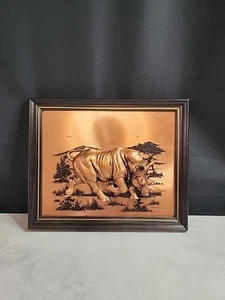 Vtg JOHN LOUW Copper Relief Wall Art 3D Rhinoceros Rhino 16"x13" Framed Ms2 - Imagen 1 de 15