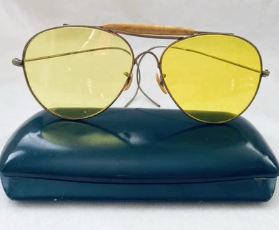Vintage 1940s World War II Aviator Sunglasses Yellow Lens with Metal Case - Image 1 of 4