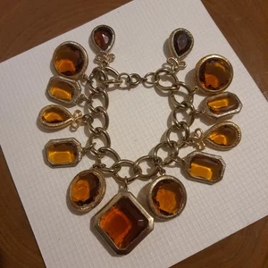 Vintage goldfarben Kettenglied Bernstein Glas eingefasst Tropfen Charm klobiges Armband - Bild 1 von 8