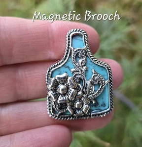 Magnetic Cow Stock Tag Brooch Pin, Faux Turquoise stone. Western Hat Jewelry - Picture 1 of 6