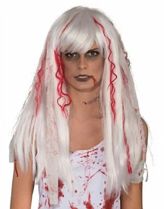 Erwachsene Streifen & Splatter Perücke weiß mit "Blut" Halloween Kostüm Zubehör - Bild 1 von 1