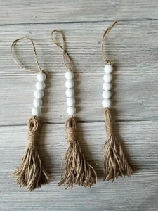 3 Handmade Wood Bead Hanging Decor with Tassels Garland White - Picture 1 of 6