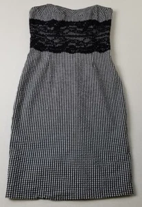 Guess Strapless Dress Women Junior’s 3 Black White Gingham Plaid Lace Stretch - Picture 1 of 12
