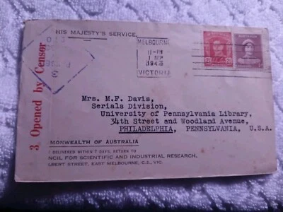 RUBENV561: 1942-AUSTRALIA-CENSORED-COVER TO-UNIVERSITY- PHILADELPHIA,U.S.A -V08 - Image 1 of 2