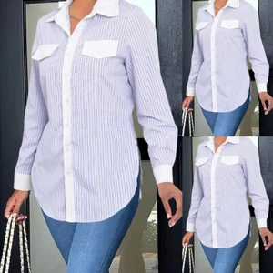 Women Long Sleeve V-Neck Stripe Long Sleeve T-Shirt Blouse Casual Pullover Tops - Picture 1 of 16