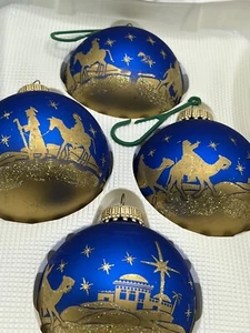 Lot of 4 Christmas by Krebs Ornaments Wise Men Bethlehem Blue Gold Glass Ball - Picture 1 of 6