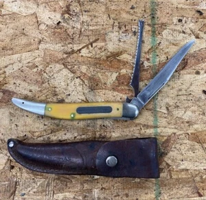 Vintage ULSTER Fishing Filet Scaler Pocket Knife With Leather Sheath - Picture 1 of 4