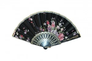 Silk Hand Fan with Golden Lace and Flower Pictures - Picture 1 of 6