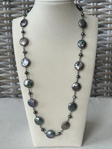 Sterling Silber schwarze Münze Perle & schwarze Süßwasserperlen Knebel Halskette 18" - Bild 1 von 4