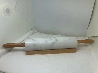 Rodillo vintage de mármol pulido con base de madera, barril de 10" gris/blanco Foto 1 de 4