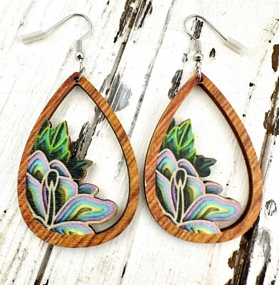 Purple Flowers in Chestnut Wood Teardrop Frame Earrings - Image 1 of 3