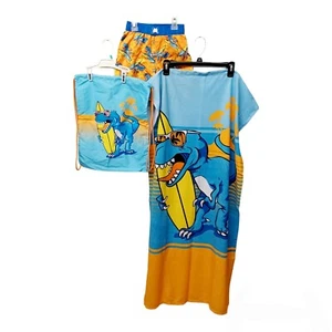 Surfing Dinosaur Swim Set-3T Boys-3 Pc-Towel-Swim Shorts-Bag-Blue-Orange - Picture 1 of 5