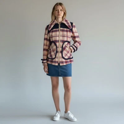 Chaqueta Vintage Años 70 Beige Franela a Cuadros Marrón Sherpa Boho Hippie Talla 5/6 Foto 1 de 4