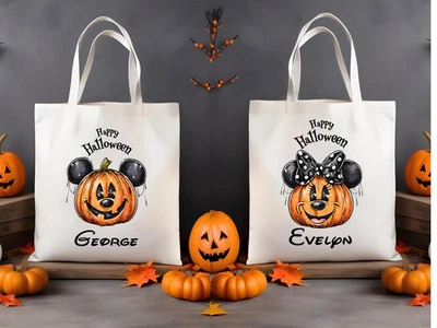 Personalised Halloween Mickey or Minnie Pumpkin & Name Trick or Treat Tote Bag