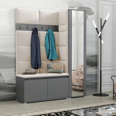 Garderoben-Set Noris VII mit Spiegel, gepolsterte Garderobe 145 cm mit Schuhtruh - Bild 1 von 4