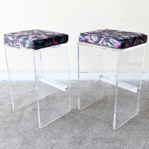 Postmodern Lucite Stools With Multi Color Cushions Cover
