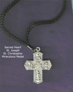 4-Way Medal Cross / I Am A Catholic 1.5" x 1" Made in Italy, Black Cord - Picture 1 of 2