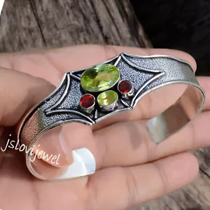 Peridot Cut & Faceted Garnet Gemstone 925 Sterling Silver Big Bangle Beauty Cuff - Picture 1 of 5