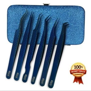 Professional Eyelash Extension Tweezers set of 6 in a Magnetic Case Blue - Bild 1 von 5