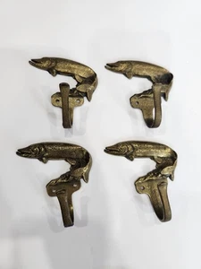 SET OF 4 VINTAGE SOLID BRASS PIKE FISH HOOKS COAT HOOKS - Picture 1 of 6