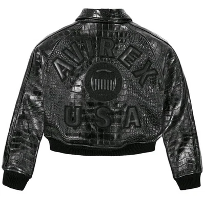 Chaqueta de cuero genuino negra en relieve Avirex cocodrilo vintage estilo bombardero Foto 1 de 4