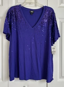 Inc International Concepts Women's Purple Sequin Short Sleeve V-Neck Pull On - Picture 1 of 5