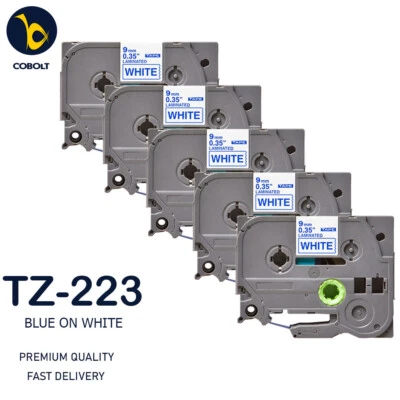 5 Label Tape Compatible With Brother Blue on White TZ223 PTH105 H110 H200 H300 - Image 1 of 4