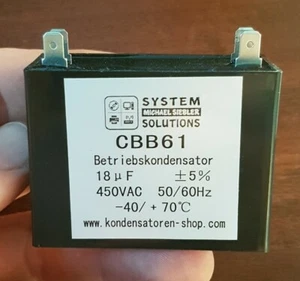 Betriebskondensator 50/60Hz 18uF/µF CBB61 450 VAC, mit 4 Steckanschlüssen - Picture 1 of 3