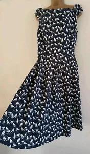 LINDY BOP CHRISTIE NAVY BLUE & WHITE BIRDS VINTAGE 50s BARDOT DRESS SIZE 16 - Picture 1 of 10