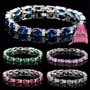 Lovely CZ Women Crystal Silver Plated Heart Tennis Charming Gift Hand Bracelet - Picture 1 of 33