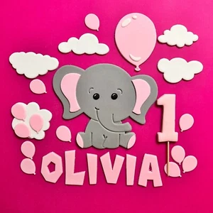 EDiBLe PiNK Baby ELEPHANT Balloons BiRTHDaY CaKe ToPPeRS Name & Age Set iCiNG - Picture 1 of 9