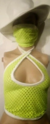 HANDMADE WOMENS Green NEON Fishnet See Through Mesh  halter top  & Mask Set O/s - Image 1 of 2