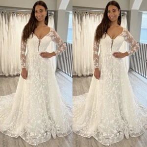 Boho Wedding Dresses Sweep Train Long Sleeve V Neck Lace Applique Bridal Gowns - Picture 1 of 14