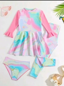 Young Girl Marble Print Flounce Sleeve Bikini Swimsuit With Swim Leggings - Picture 1 of 1