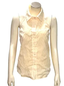 CCC Sheer Beige White Sleeveless Halter Blouse Leaf Pattern Button Up Front Med - Picture 1 of 8