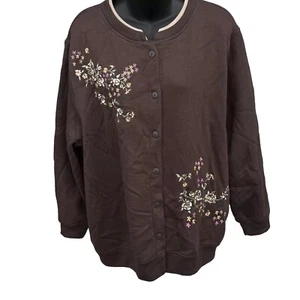 Shenanigans Floral Embroidered Button Up Brown Jacket Women’s Sz 2X - Picture 1 of 7